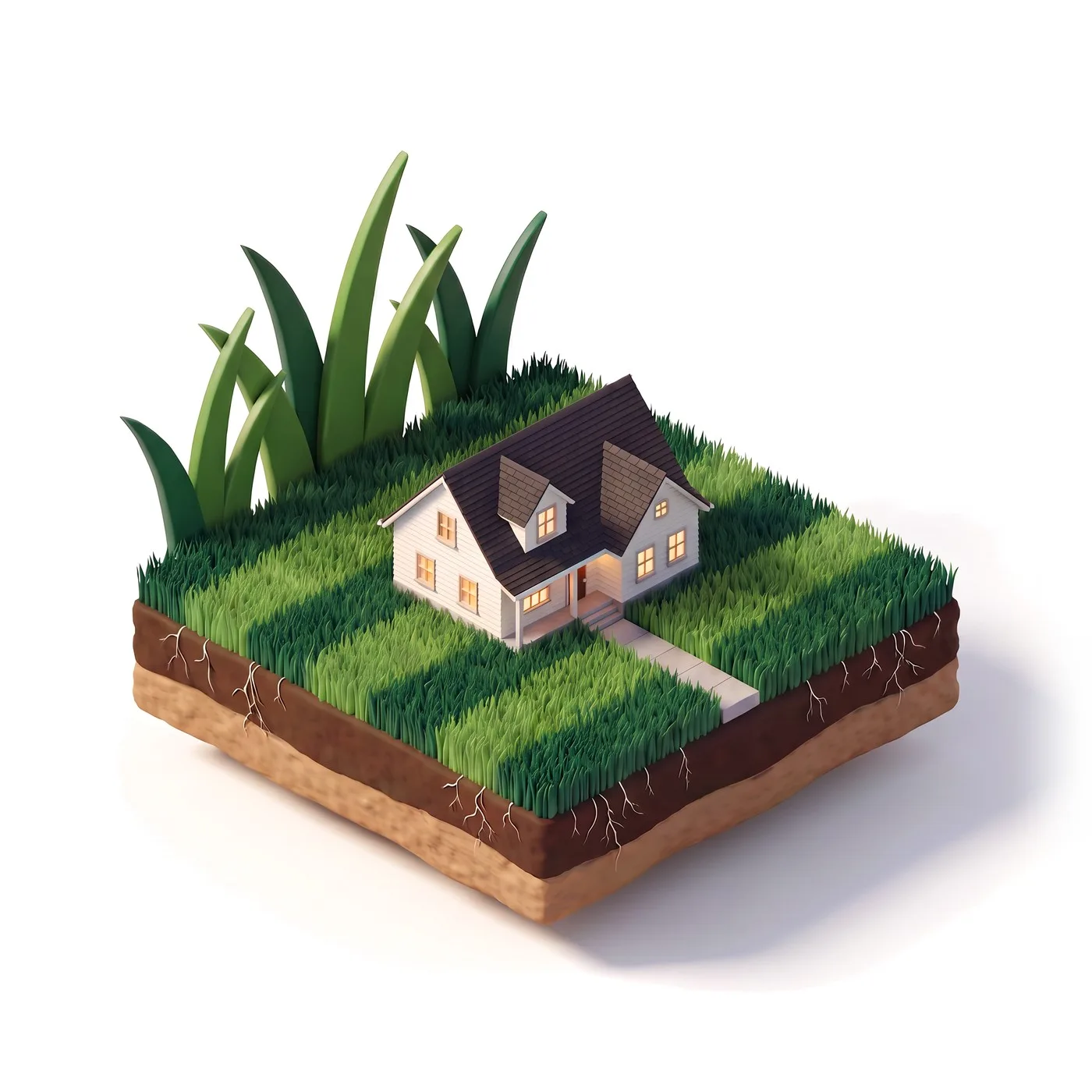 3D illustration of a home on a floating tile of freshly striped lawn, with soil and roots showing beneath