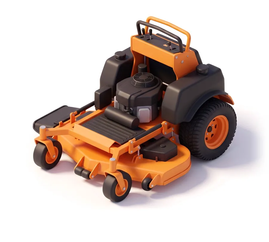 Illustration of a Scag V-Ride II stand-on commercial mower with a 48-inch deck, in orange and black