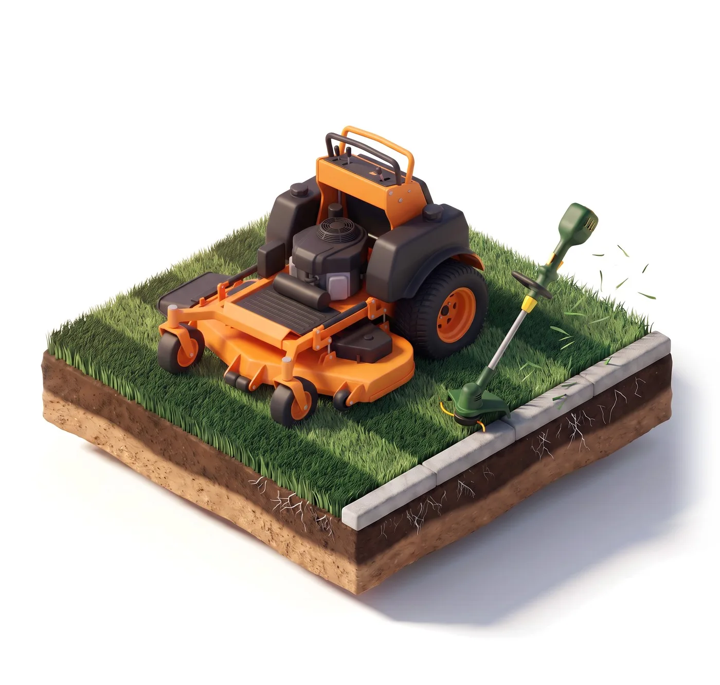 Illustration of a striped lawn tile with a stand-on mower and a string trimmer at the edged curb